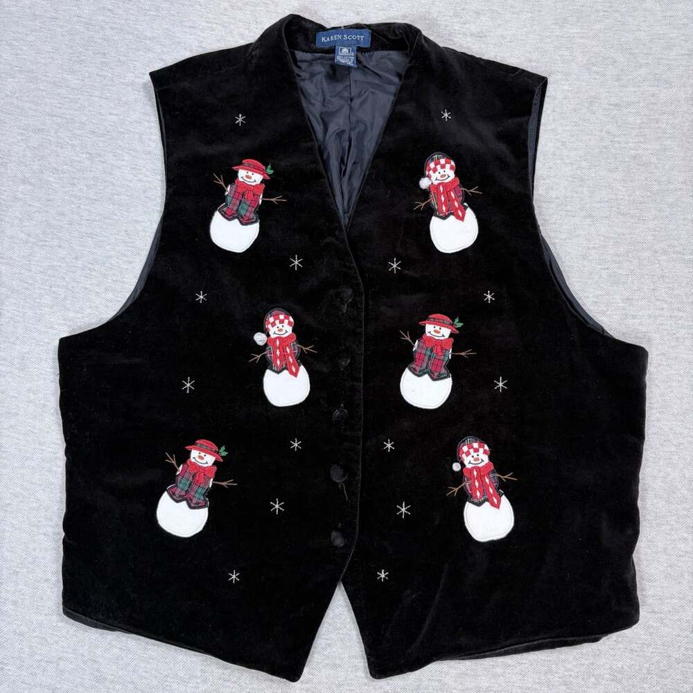 Karen Scott Vintage Black Velvet Christmas Snowman Embroidered Holiday Vest